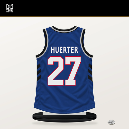 Kevin Huerter number 27 Detroit Pistons jersey stand with included black base.