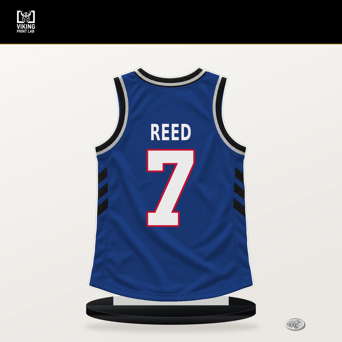 Paul Reed number 7 Detroit Pistons jersey stand with included black base.