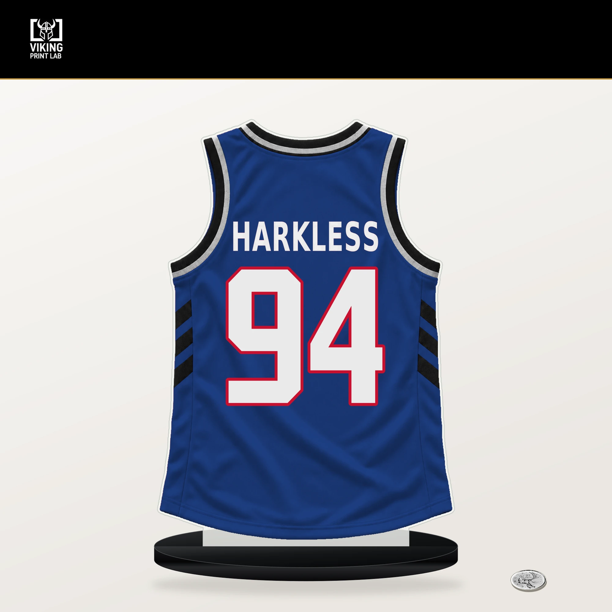 Elijah Harkless number 94 Detroit Pistons jersey stand with included black base.