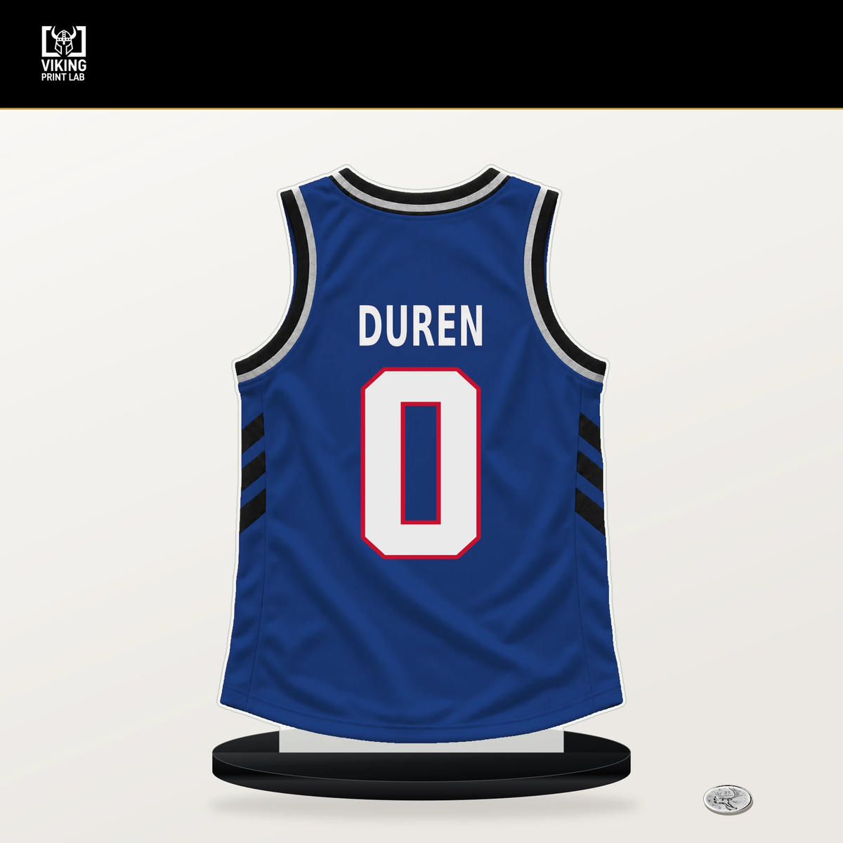 Jalen Duren number 0 Detroit Pistons jersey stand with included black base.