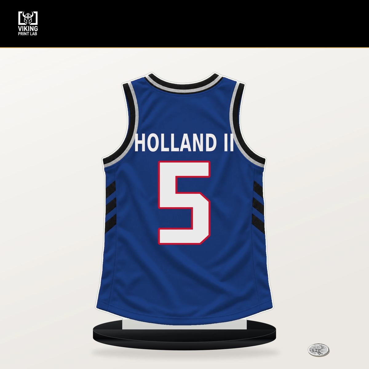 Ronald Holland II number 5 Detroit Pistons jersey stand with included black base.
