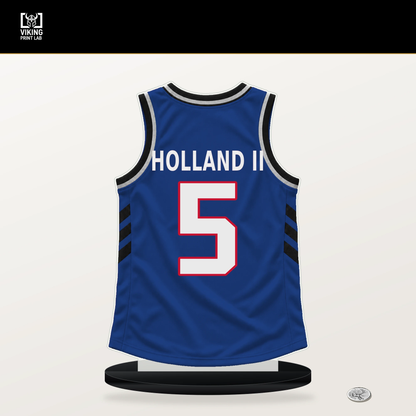 Ronald Holland II number 5 Detroit Pistons jersey stand with included black base.