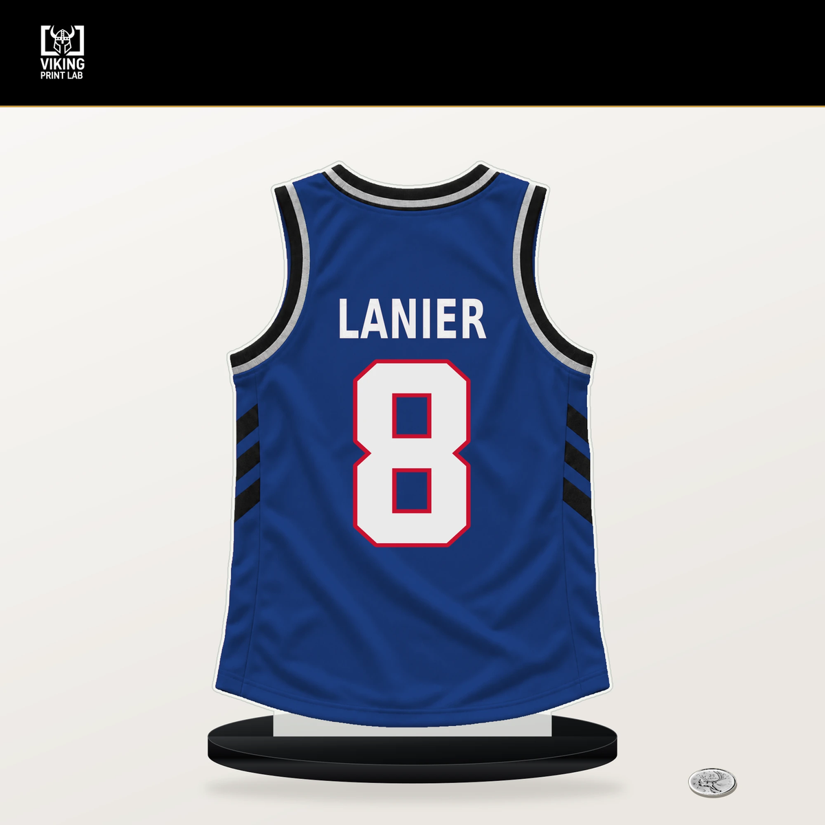 Chaz Lanier number 8 Detroit Pistons jersey stand with included black base.
