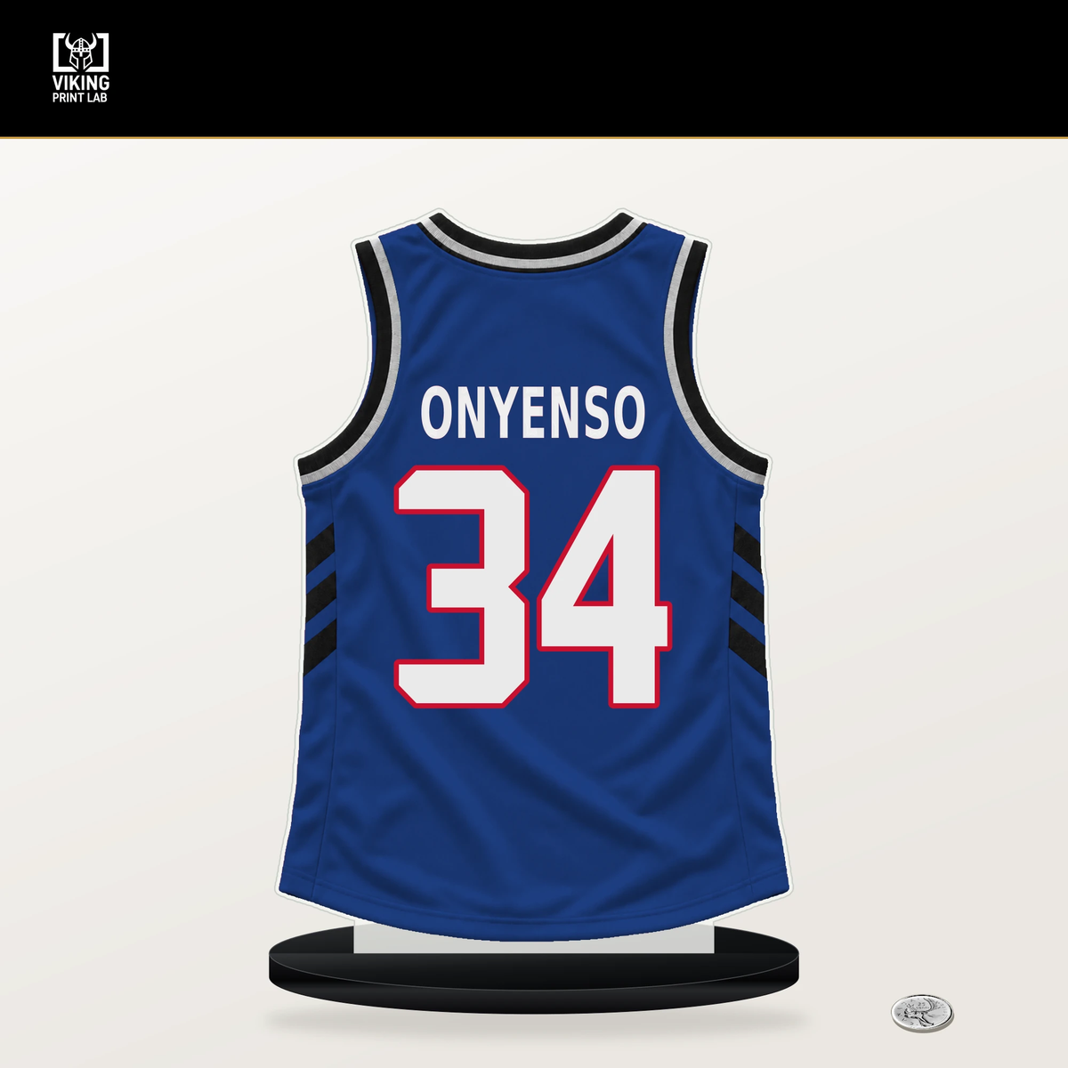 Ugonna Onyenso number 34 Detroit Pistons jersey stand with included black base.
