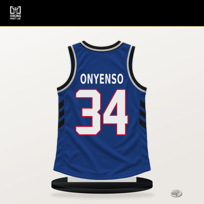 Ugonna Onyenso number 34 Detroit Pistons jersey stand with included black base.