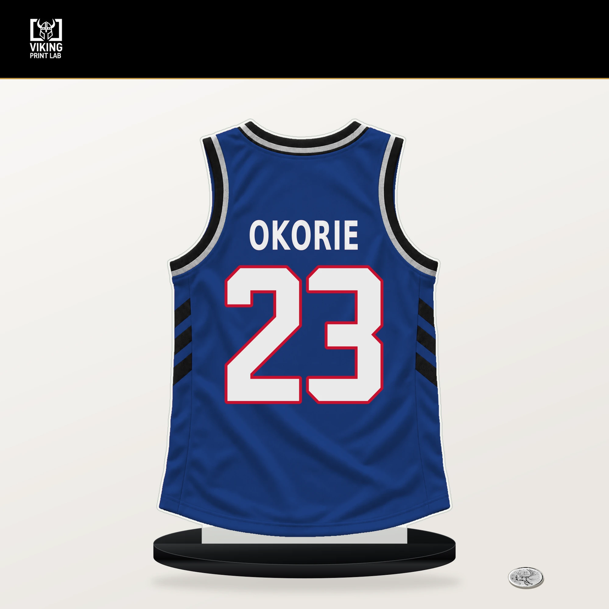 Ebuka Okorie number 23 Detroit Pistons jersey stand with included black base.