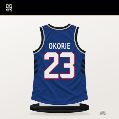 Ebuka Okorie number 23 Detroit Pistons jersey stand with included black base.
