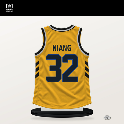 Georges Niang number 32 Golden State Warriors jersey stand with included black base.