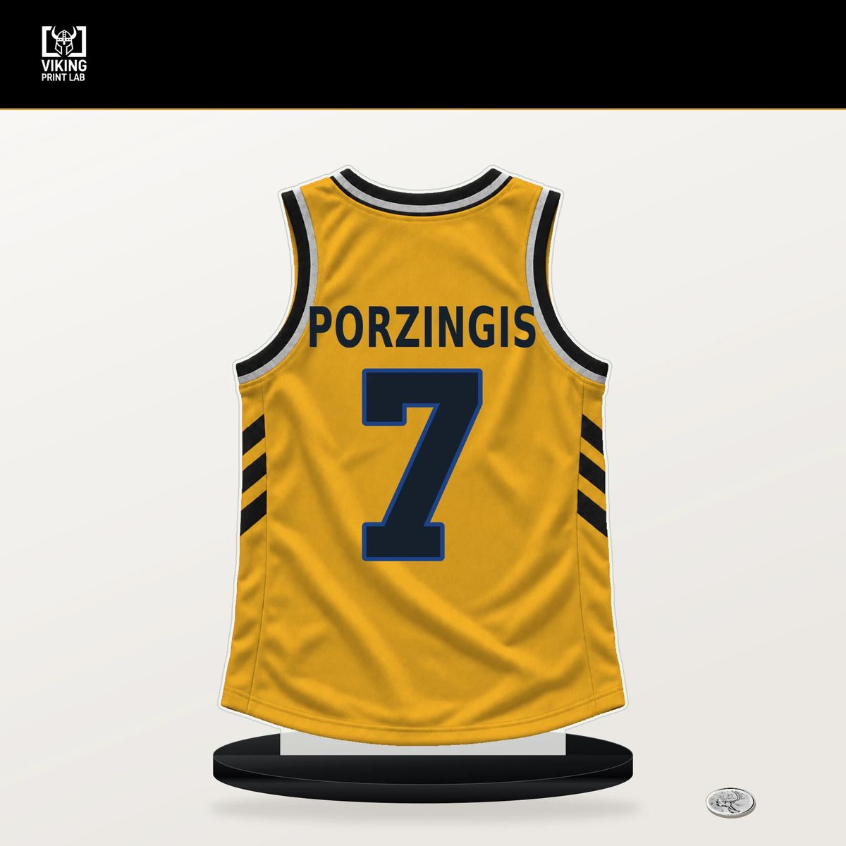 Kristaps Porzingis number 7 Golden State Warriors jersey stand with included black base.