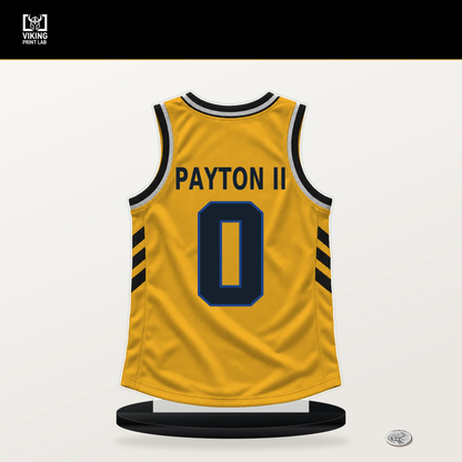 Gary Payton II number 0 Golden State Warriors jersey stand with included black base.