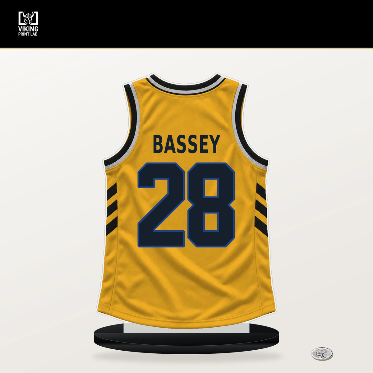 Charles Bassey number 28 Golden State Warriors jersey stand with included black base.