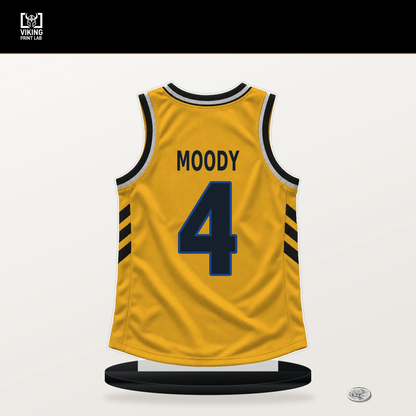 Moses Moody number 4 Golden State Warriors jersey stand with included black base.