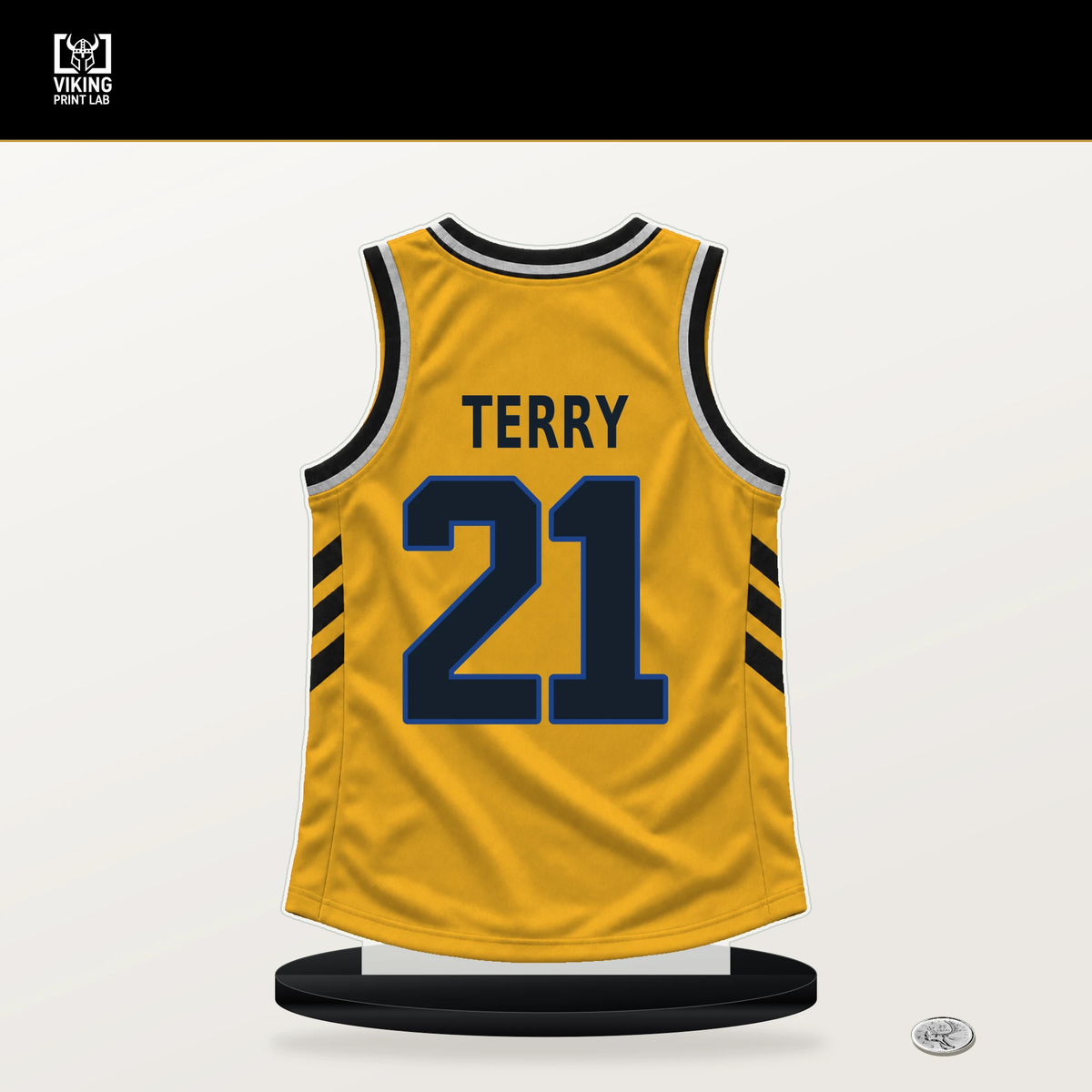 Dalen Terry number 21 Golden State Warriors jersey stand with included black base.