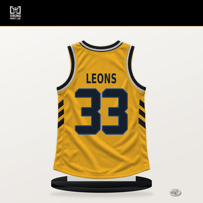 Malevy Leons number 33 Golden State Warriors jersey stand with included black base.