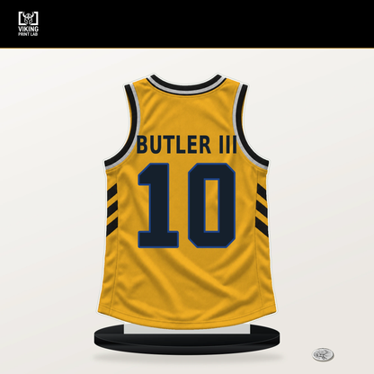 Jimmy Butler III number 10 Golden State Warriors jersey stand with included black base.