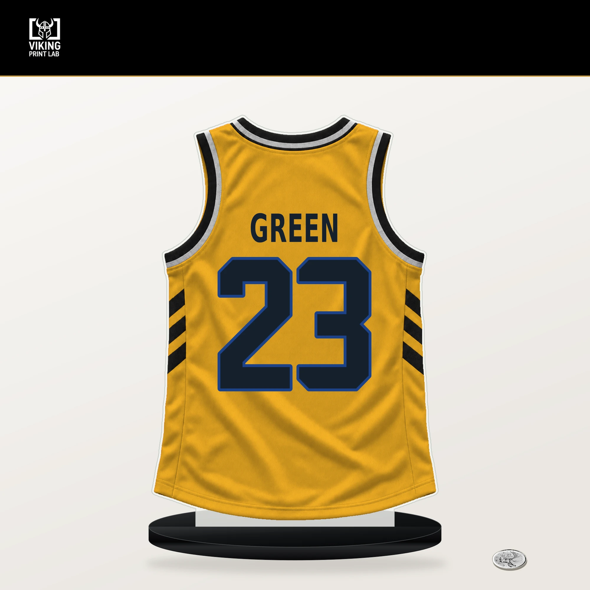 Draymond Green number 23 Golden State Warriors jersey stand with included black base.