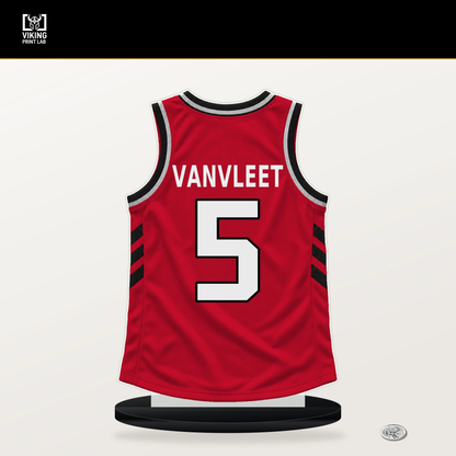 Fred VanVleet number 5 Houston Rockets jersey stand with included black base.