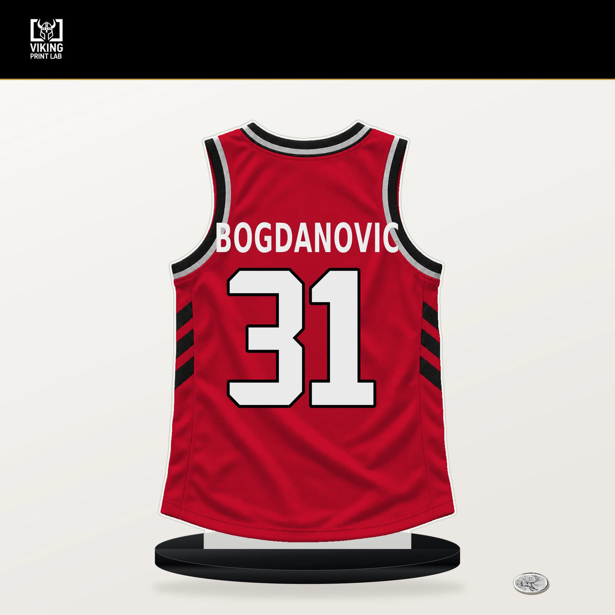 Bogdan Bogdanovic number 31 Houston Rockets jersey stand with included black base.