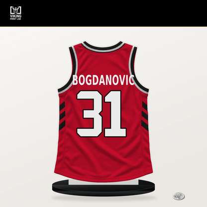 Bogdan Bogdanovic number 31 Houston Rockets jersey stand with included black base.