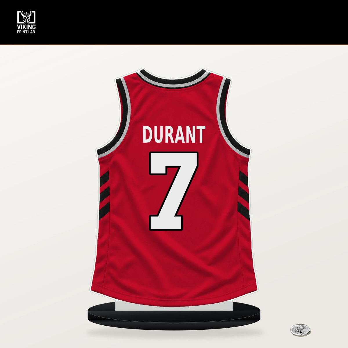 Kevin Durant number 7 Houston Rockets jersey stand with included black base.