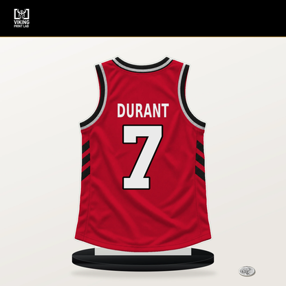 Kevin Durant number 7 Houston Rockets jersey stand with included black base.
