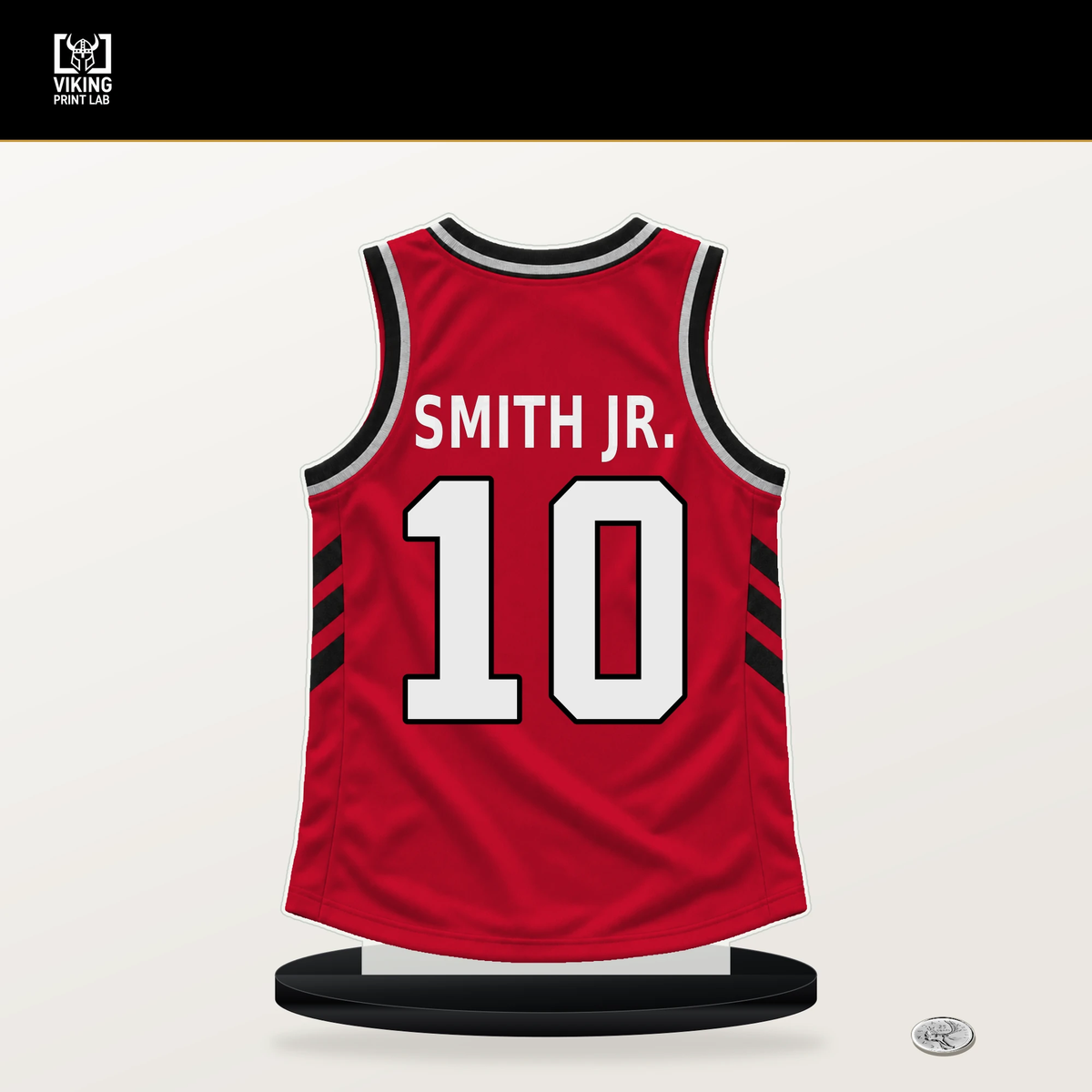 Jabari Smith Jr. number 10 Houston Rockets jersey stand with included black base.