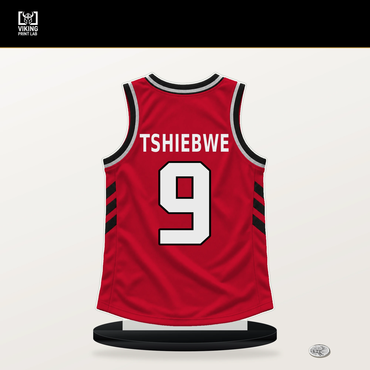 Oscar Tshiebwe number 9 Houston Rockets jersey stand with included black base.