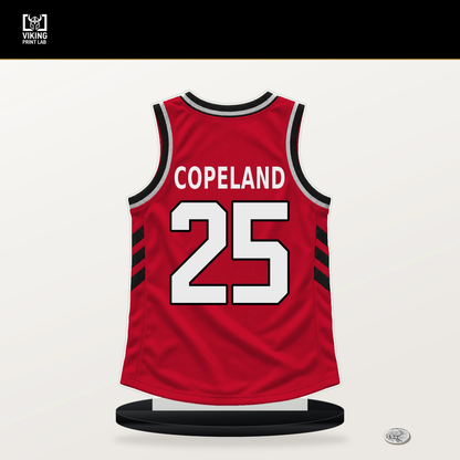 Quadir Copeland number 25 Houston Rockets jersey stand with included black base.
