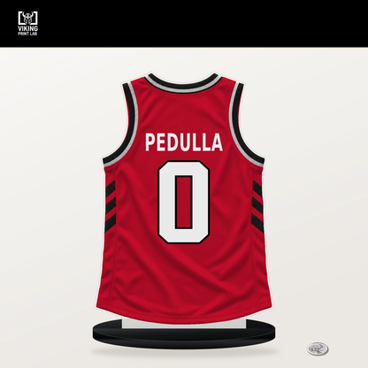 Sean Pedulla number 0 Houston Rockets jersey stand with included black base.