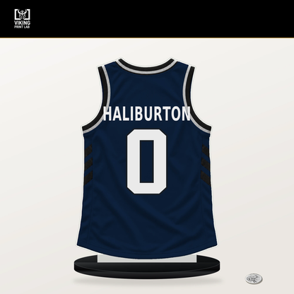 Tyrese Haliburton number 0 Indiana Pacers jersey stand with included black base.