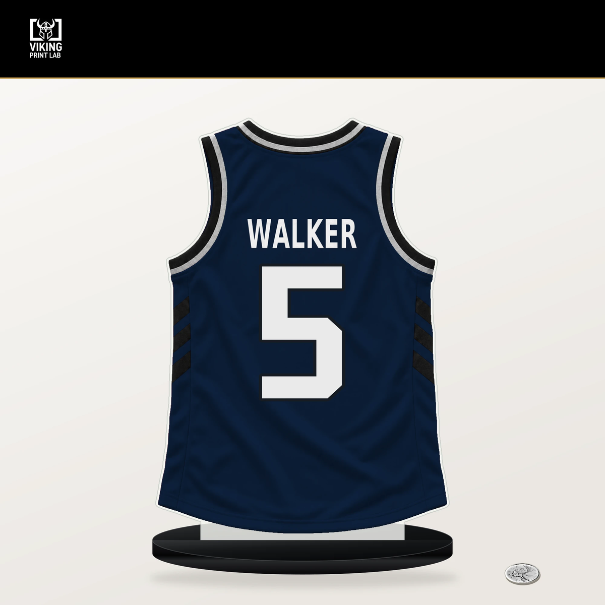 Jarace Walker number 5 Indiana Pacers jersey stand with included black base.