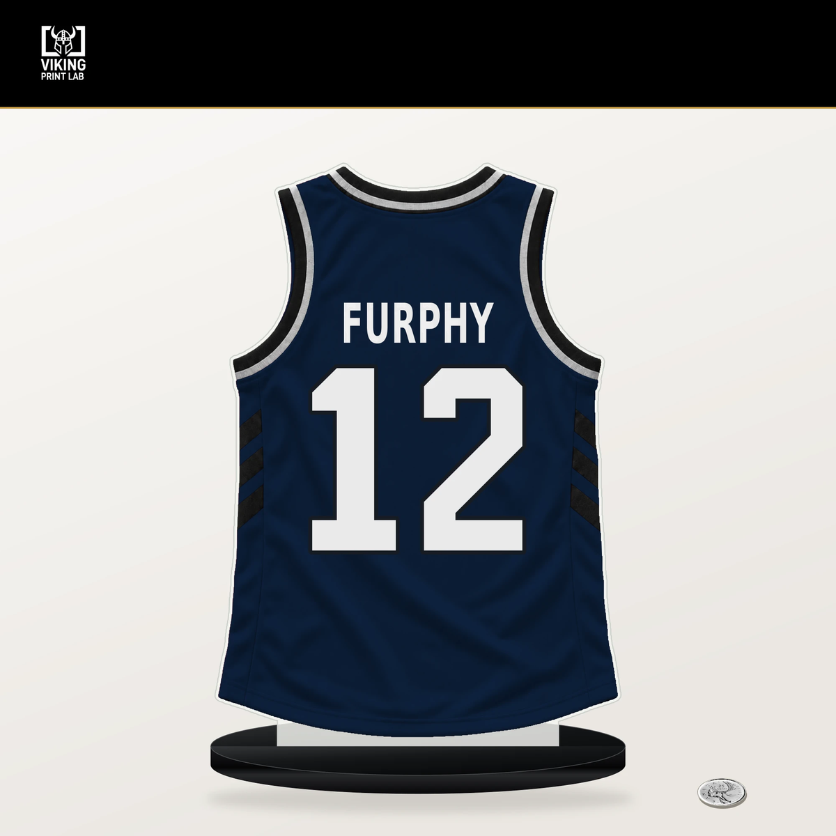 Johnny Furphy number 12 Indiana Pacers jersey stand with included black base.