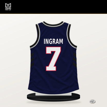 Brandon Ingram number 7 LA Clippers jersey stand with included black base.