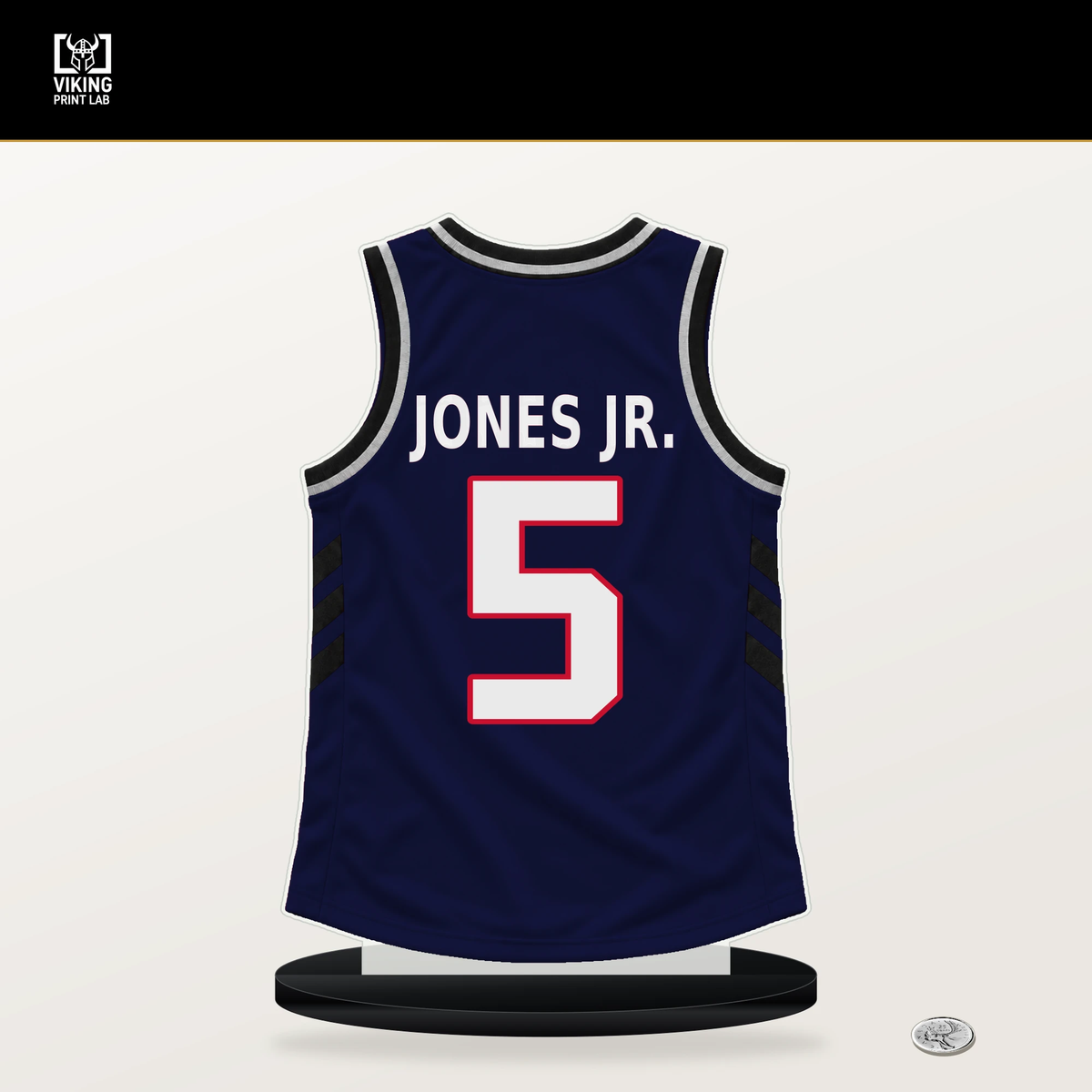 Derrick Jones Jr. number 5 LA Clippers jersey stand with included black base.