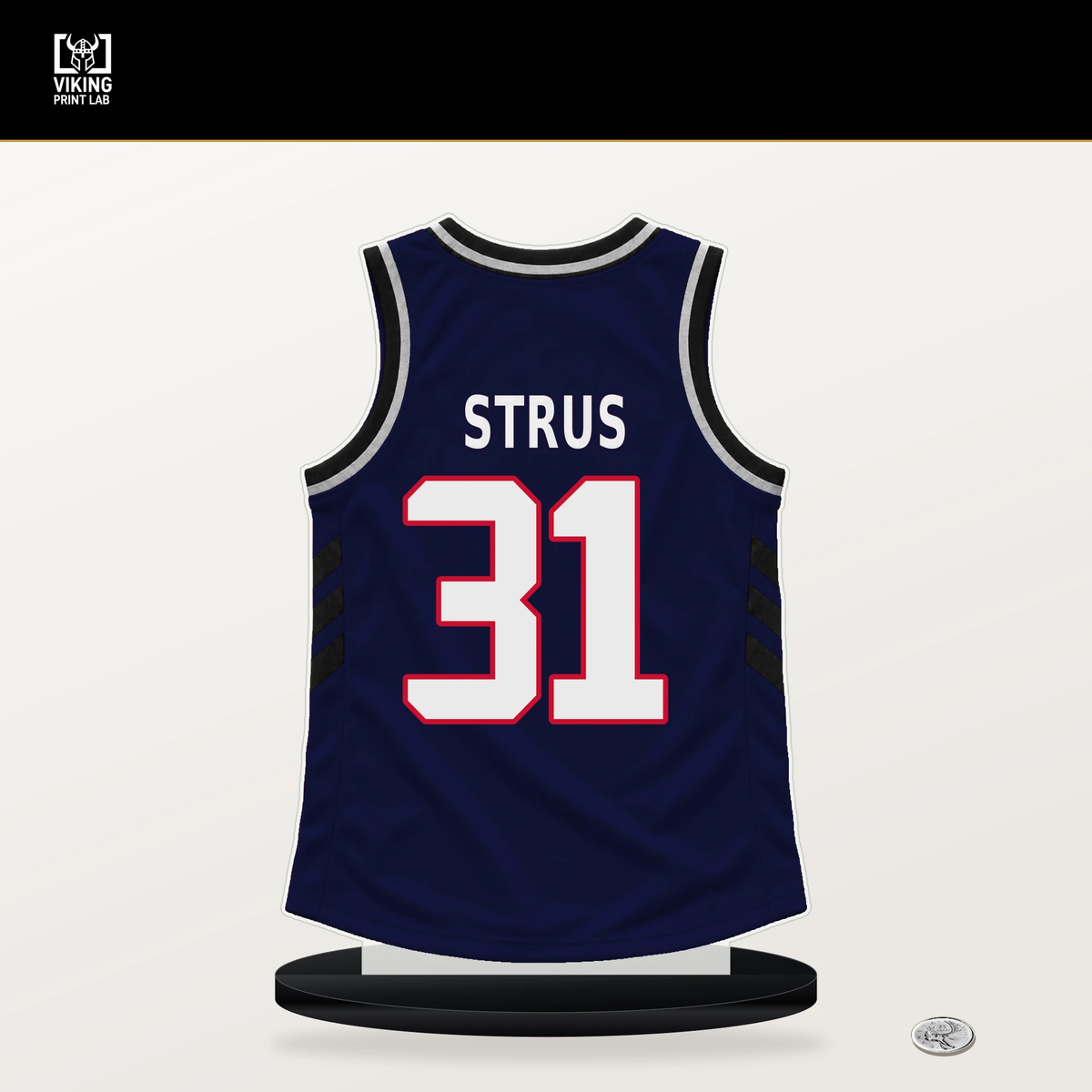 Max Strus number 31 LA Clippers jersey stand with included black base.