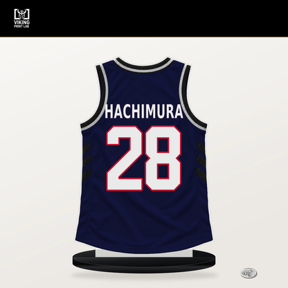 Rui Hachimura number 28 LA Clippers jersey stand with included black base.