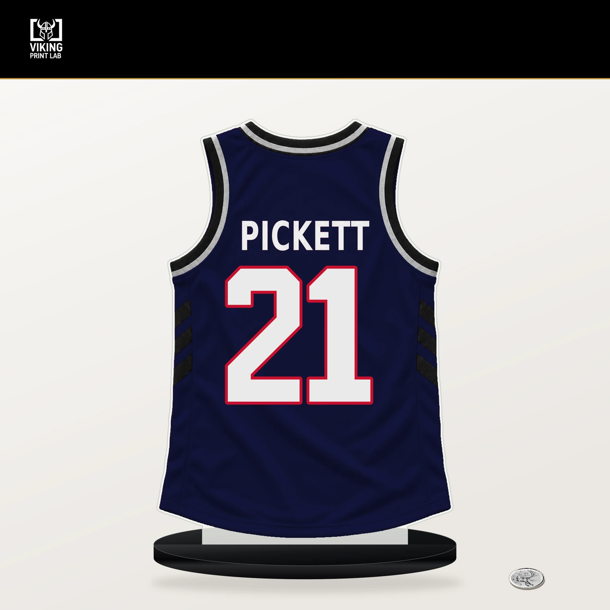 Jalen Pickett number 21 LA Clippers jersey stand with included black base.