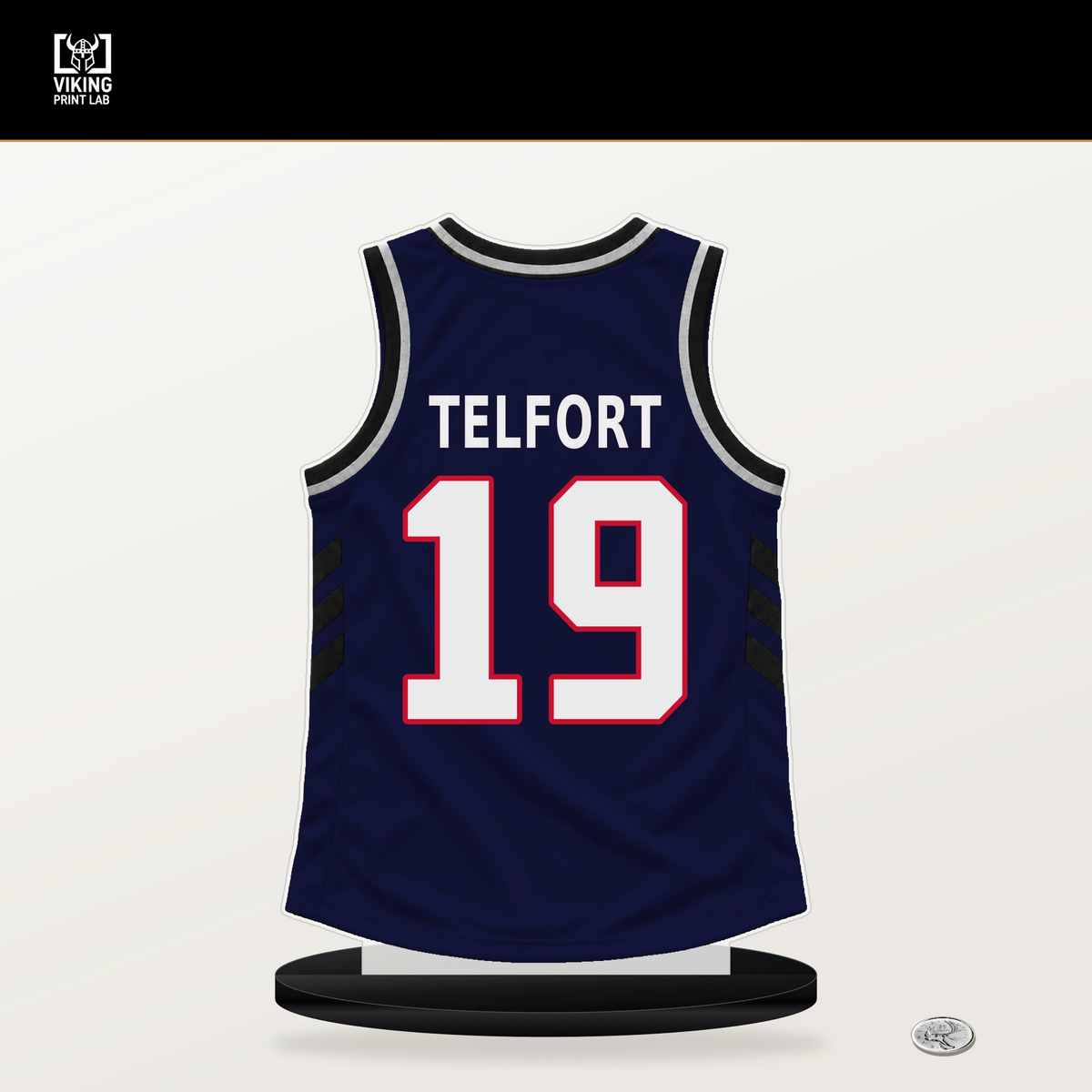 Jahmyl Telfort number 19 LA Clippers jersey stand with included black base.