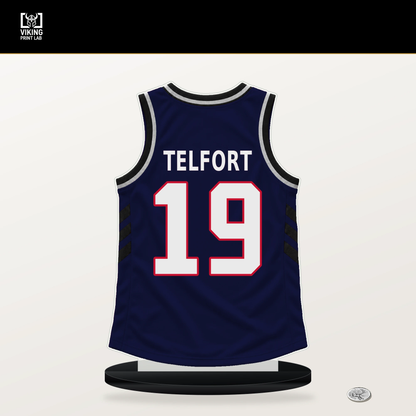 Jahmyl Telfort number 19 LA Clippers jersey stand with included black base.