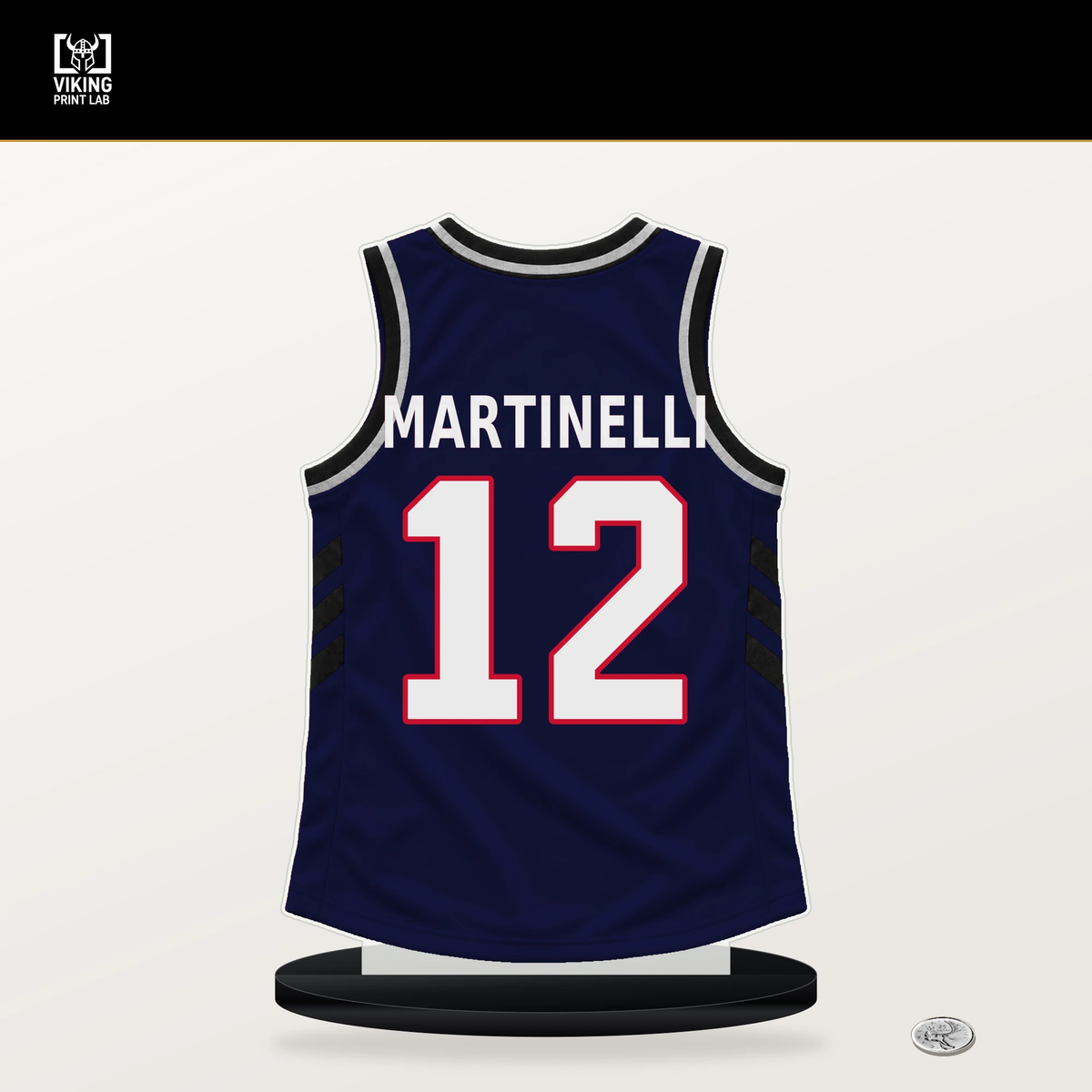 Nick Martinelli number 12 LA Clippers jersey stand with included black base.