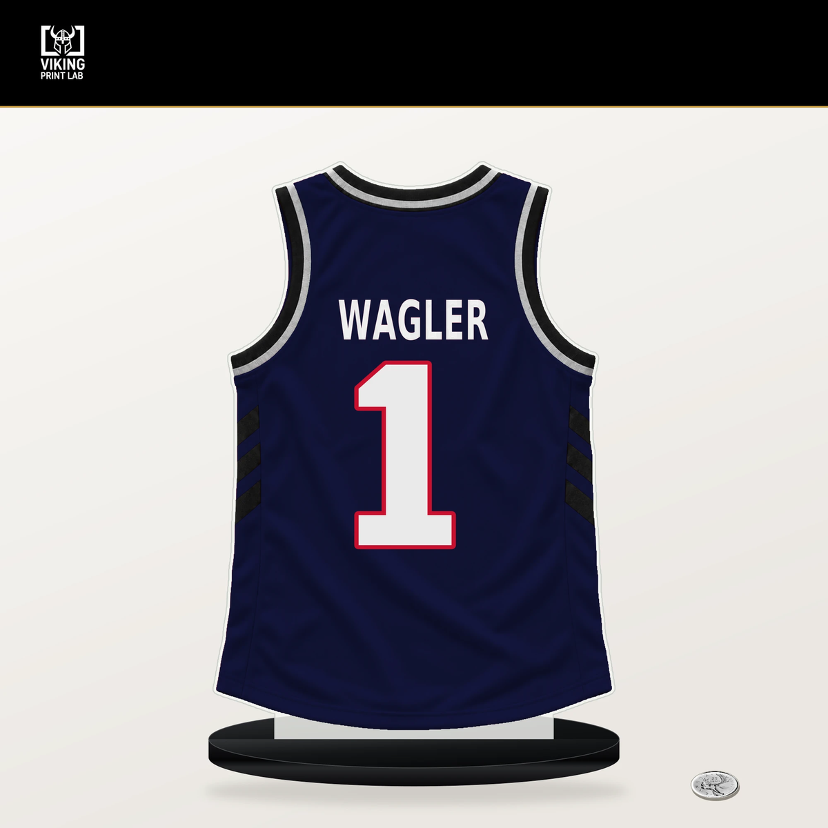 Keaton Wagler number 1 LA Clippers jersey stand with included black base.