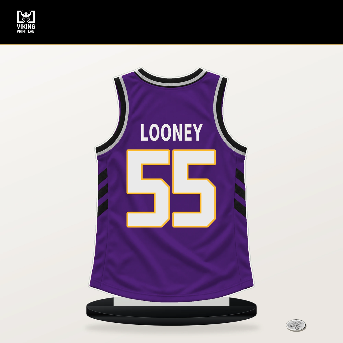 Kevon Looney number 55 Los Angeles Lakers jersey stand with included black base.