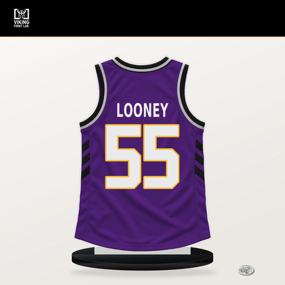 Kevon Looney number 55 Los Angeles Lakers jersey stand with included black base.