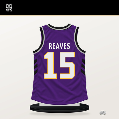 Austin Reaves number 15 Los Angeles Lakers jersey stand with included black base.