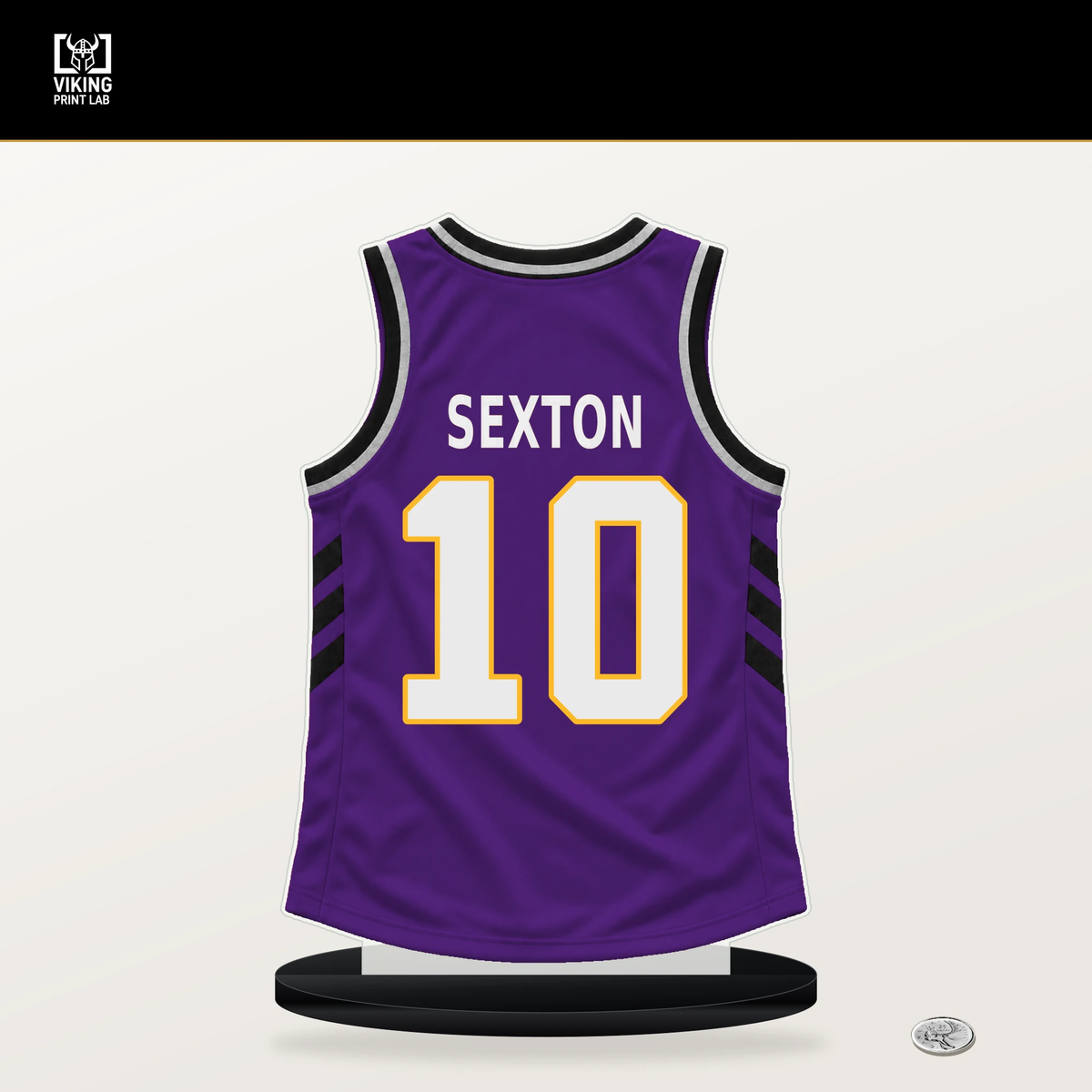 Collin Sexton number 10 Los Angeles Lakers jersey stand with included black base.