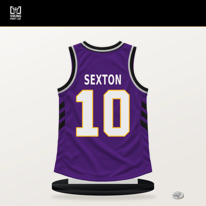 Collin Sexton number 10 Los Angeles Lakers jersey stand with included black base.
