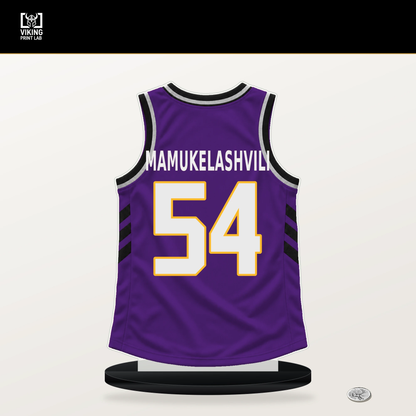 Sandro Mamukelashvili number 54 Los Angeles Lakers jersey stand with included black base.