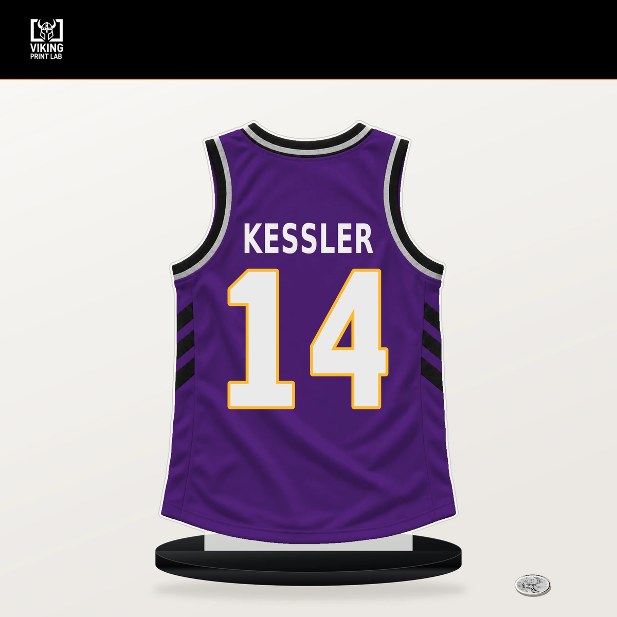 Walker Kessler number 14 Los Angeles Lakers jersey stand with included black base.