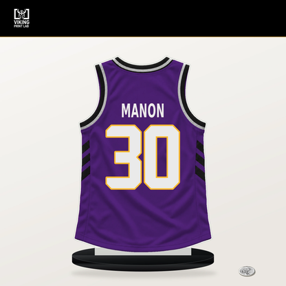 Chris Manon number 30 Los Angeles Lakers jersey stand with included black base.