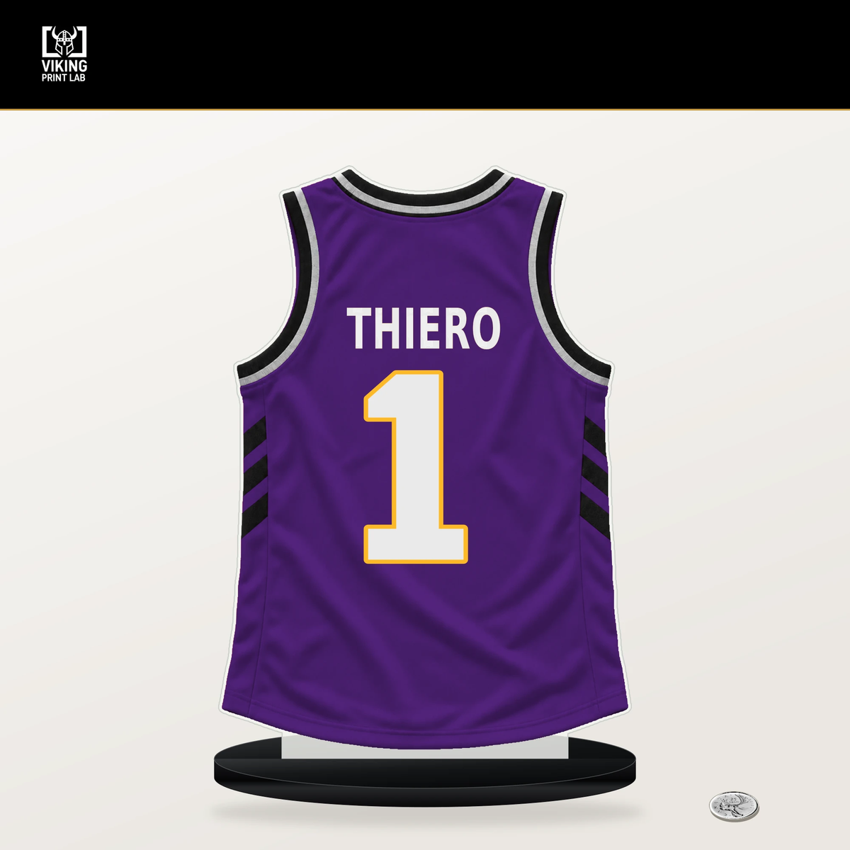 Adou Thiero number 1 Los Angeles Lakers jersey stand with included black base.